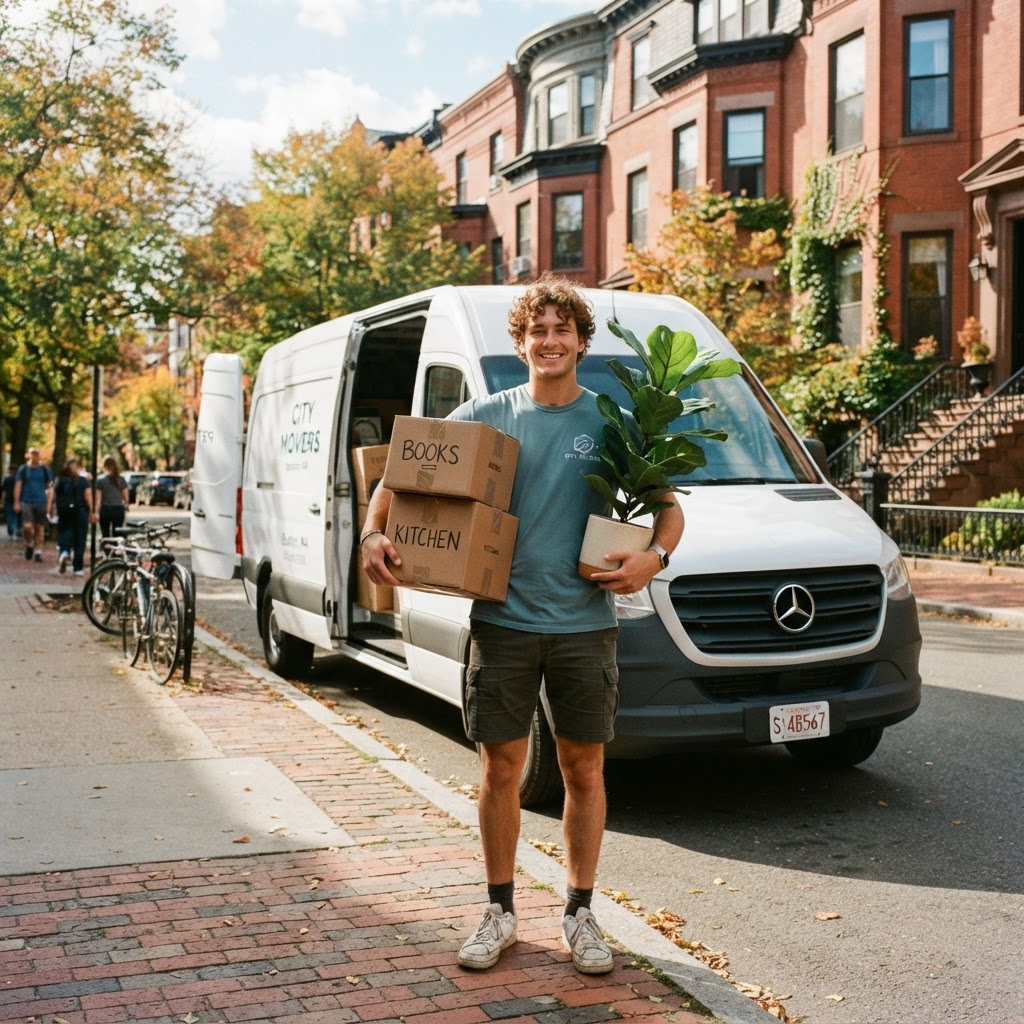 A friendly Haulston mover smiling next to a clean white Mercedes Sprinter van on a Boston street