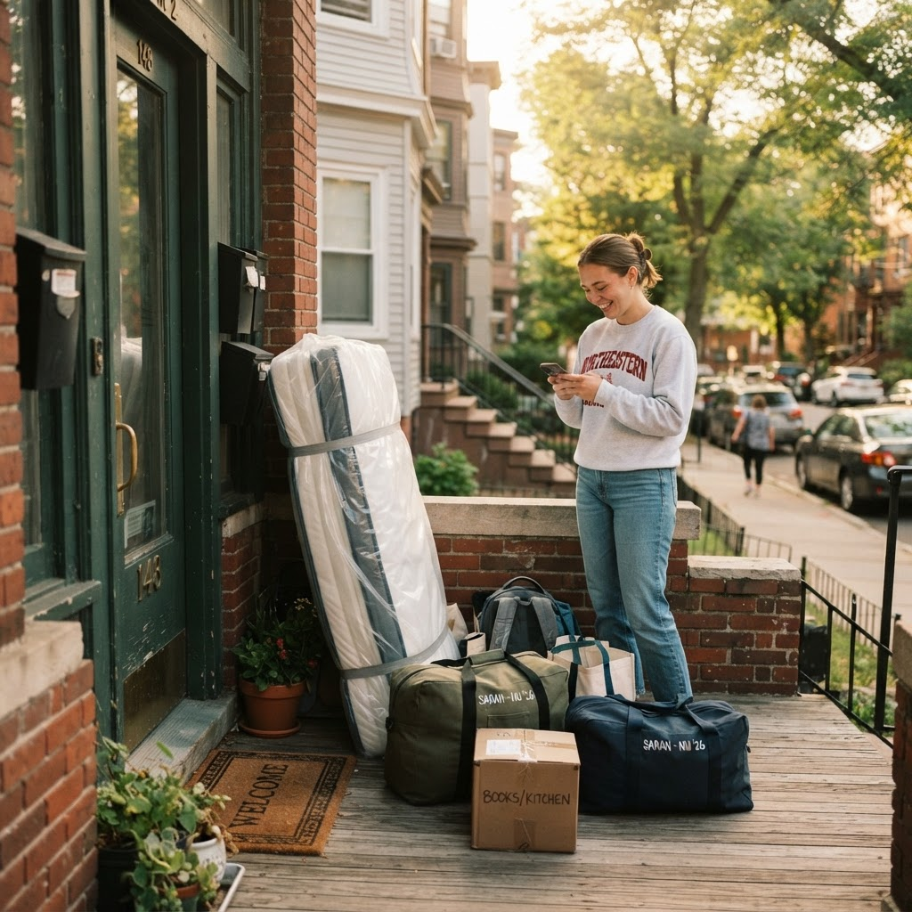 A student's rolled mattress and duffel bags by a Boston apartment doorway